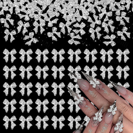 80 Pcs Silver Alloy Bow Nail Charms, 1011mm, Ideal for Nail Art, DIY Accessories