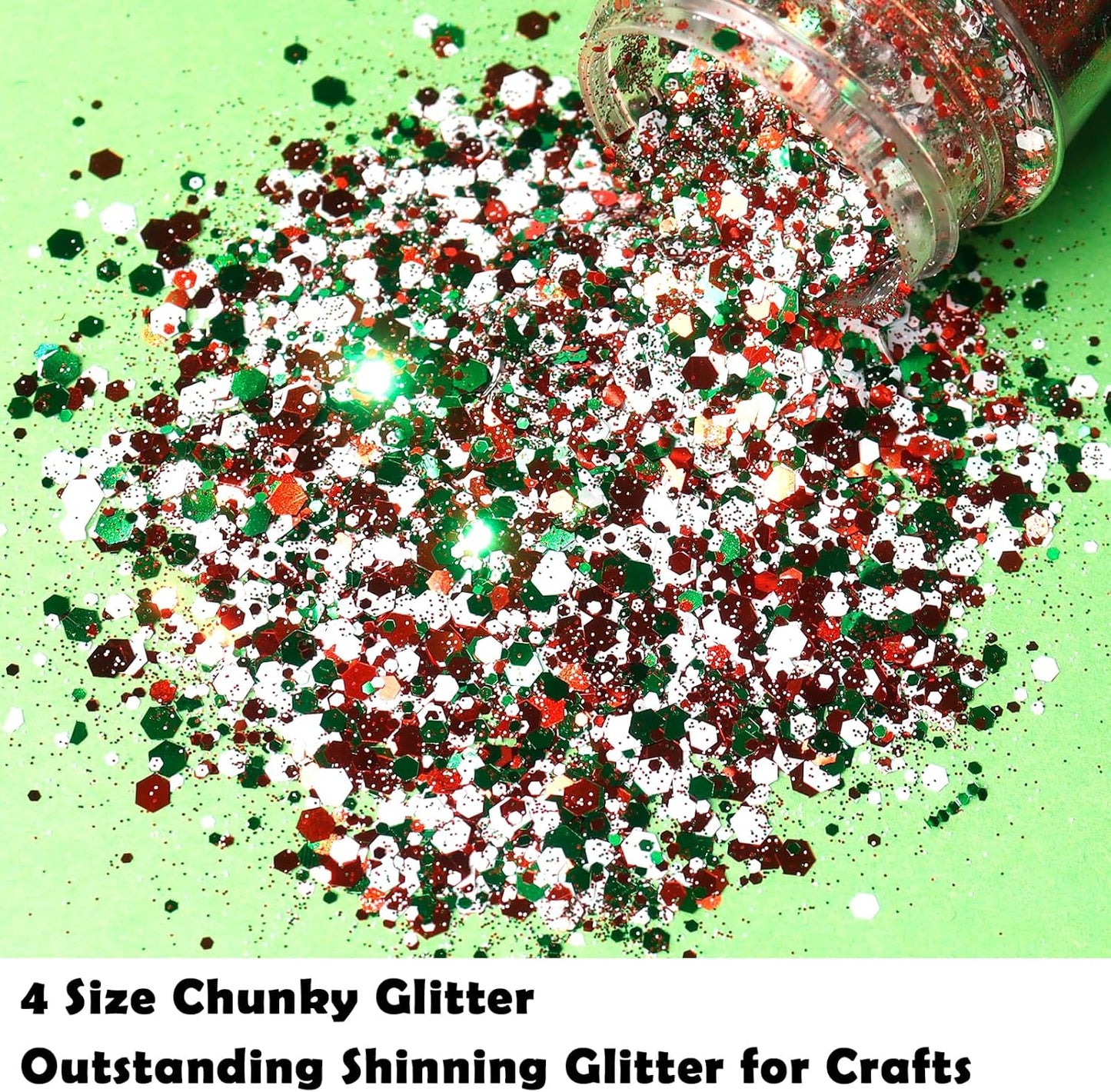 Renfio Xmas Chunky Glitter,Red White Green Mixed Color Glitter for Xmas,1.76oz/50g Mixed Size Iridescent Hexagon Sequin Sparkle for Snowglobe Tumbler,Resin,Craft,Nail,Face,Hair,Festival Decor,Ornament