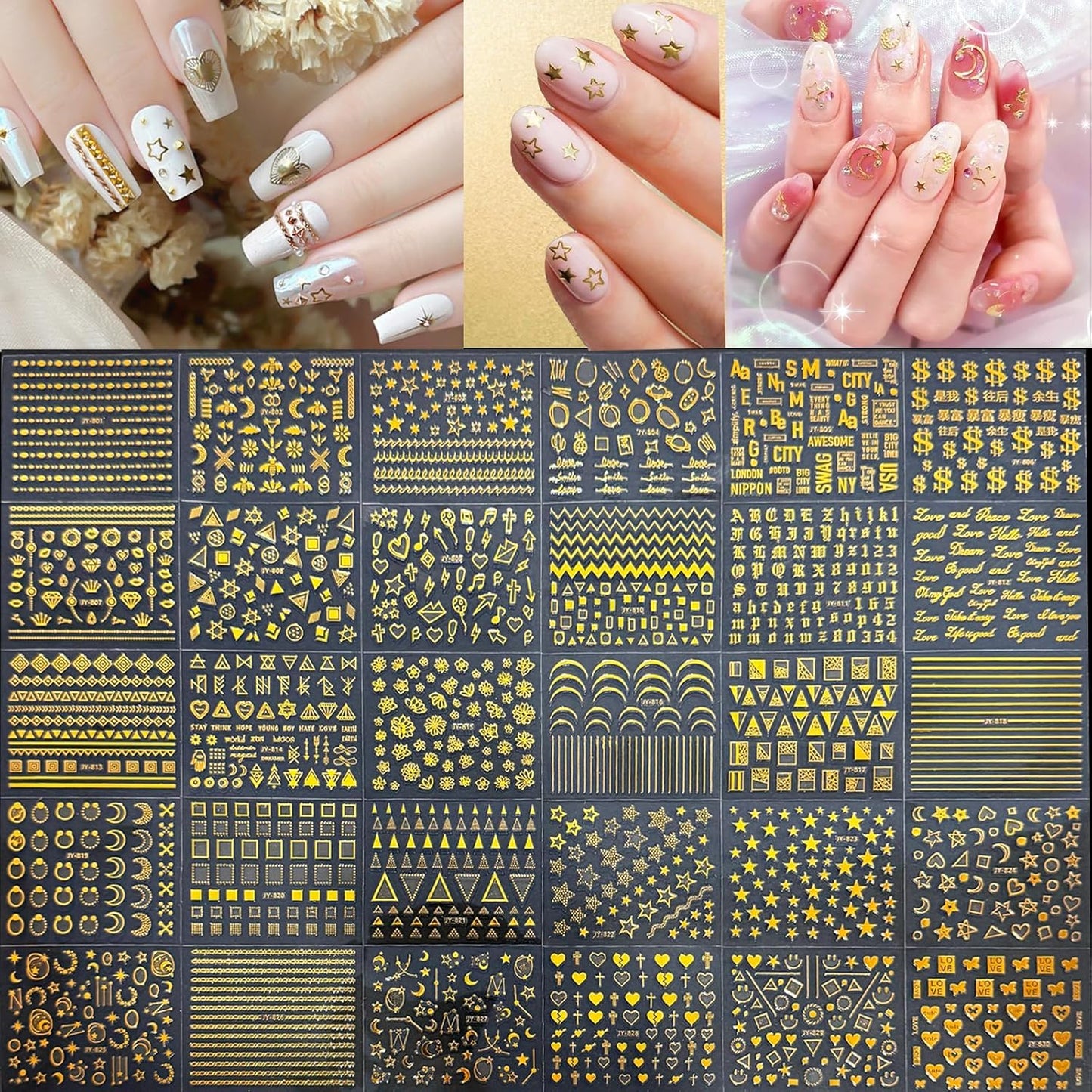 Gold Nail Charms Nail Art Kit with 30 Sheets Gold Nail Stickers 3D Star Moon Nail Charms Self-Adhesive Nail Decals Gold Nail Art Tools Kit Nail Supplies for Women Nails Manicure Nail Art Decoration