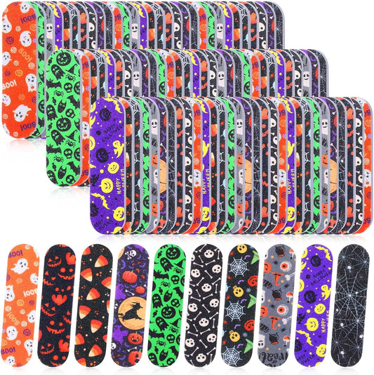 Lasnten 200 Pcs Halloween Gifts Bulk Mini Nail Files for Women Bat Spider Skull Double Sided Emery Board Nail File for Natural Nails Pumpkin Manicure Tools for Halloween Party Favor