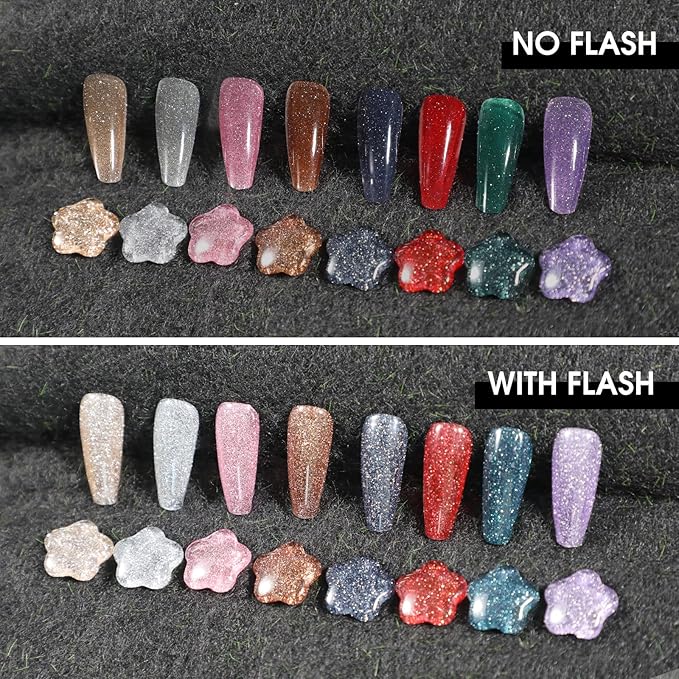 ROSALIND Reflective Glitter Gel Nail Polish, 8 Color Glitter Gel Polish Sparkle Shiny Effect Silver Sparkling Professional Soak Off UV Gels
