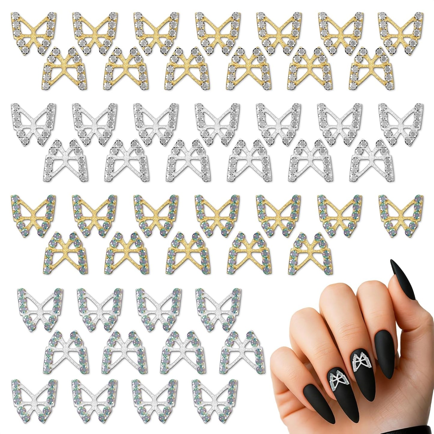 50 Pcs Butterfly Charms for Nails – Silver & Gold Butterfly Nail Charms, Long-Lasting Shine, Nail Decorating Kit for Any Occasion – Sparkly Nails Design for Eye-Catching Style