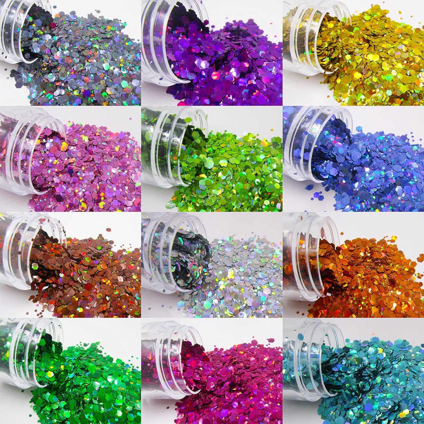 12 Colors Holographic Chunky Glitter Flakes Hexagon Shapes Glitter Sequins Nail Stickers Sparkles Resin Epoxy Accessories for Crafts Nail Art Body Makeup