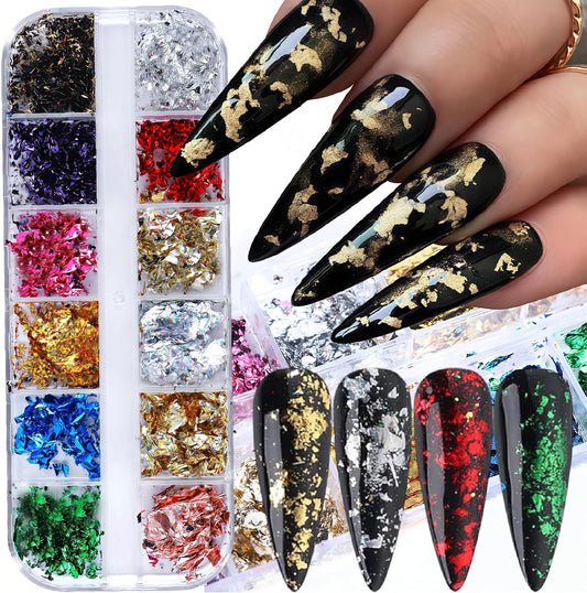 12 Colors Nail Art Sequins Holographic Gold Foil Nails Glitter Mermaid Design Acrylic Art for Women Girls DIY Nail Decoration