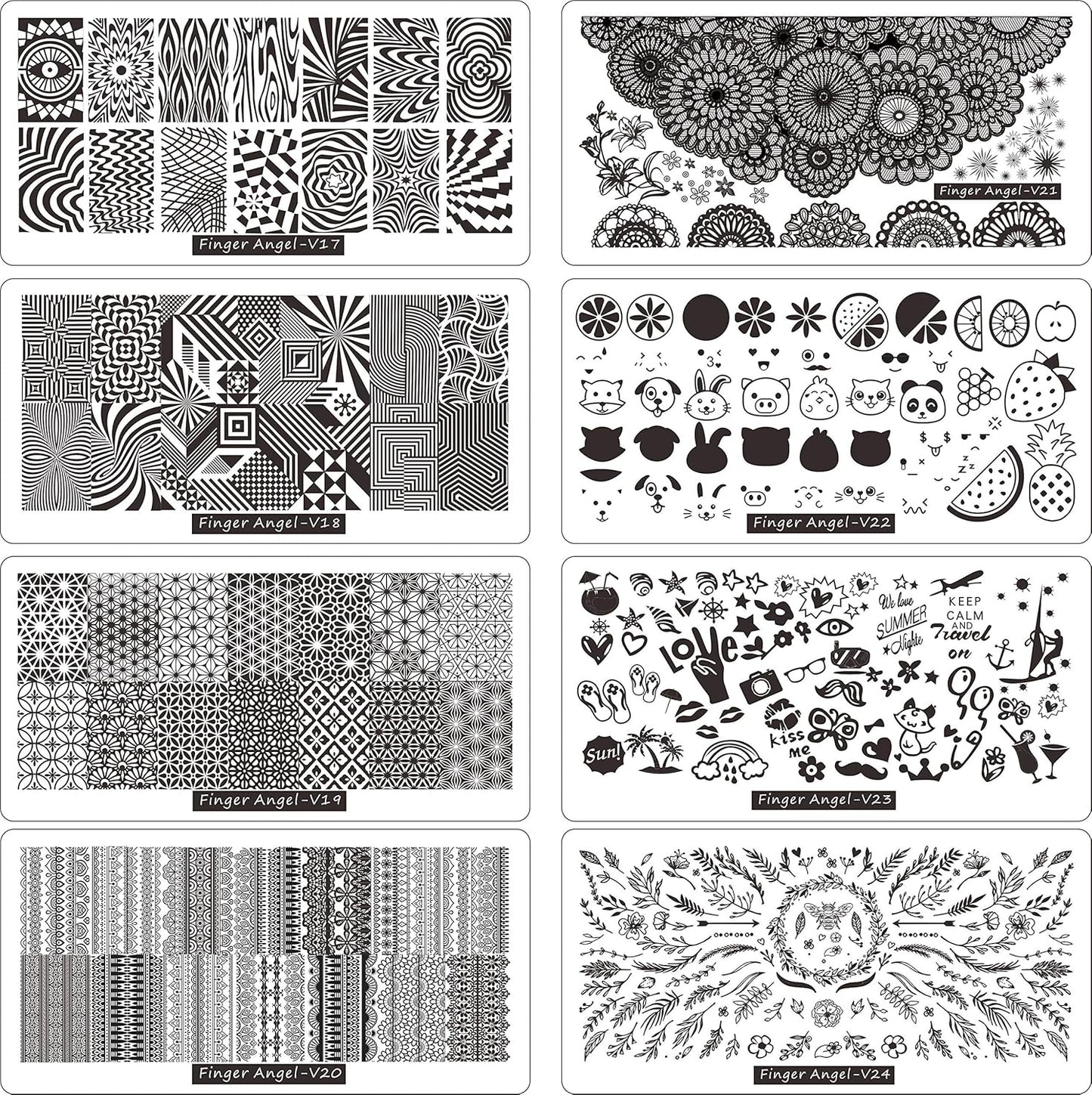 8pcs Nail Stamp Plates + Nail Stamper with Scraper+ 1 Pcs storage bag Nails Art Stamping Plate Scraper Stamper Set Leaves Flowers Animal Template Image (V17-24)