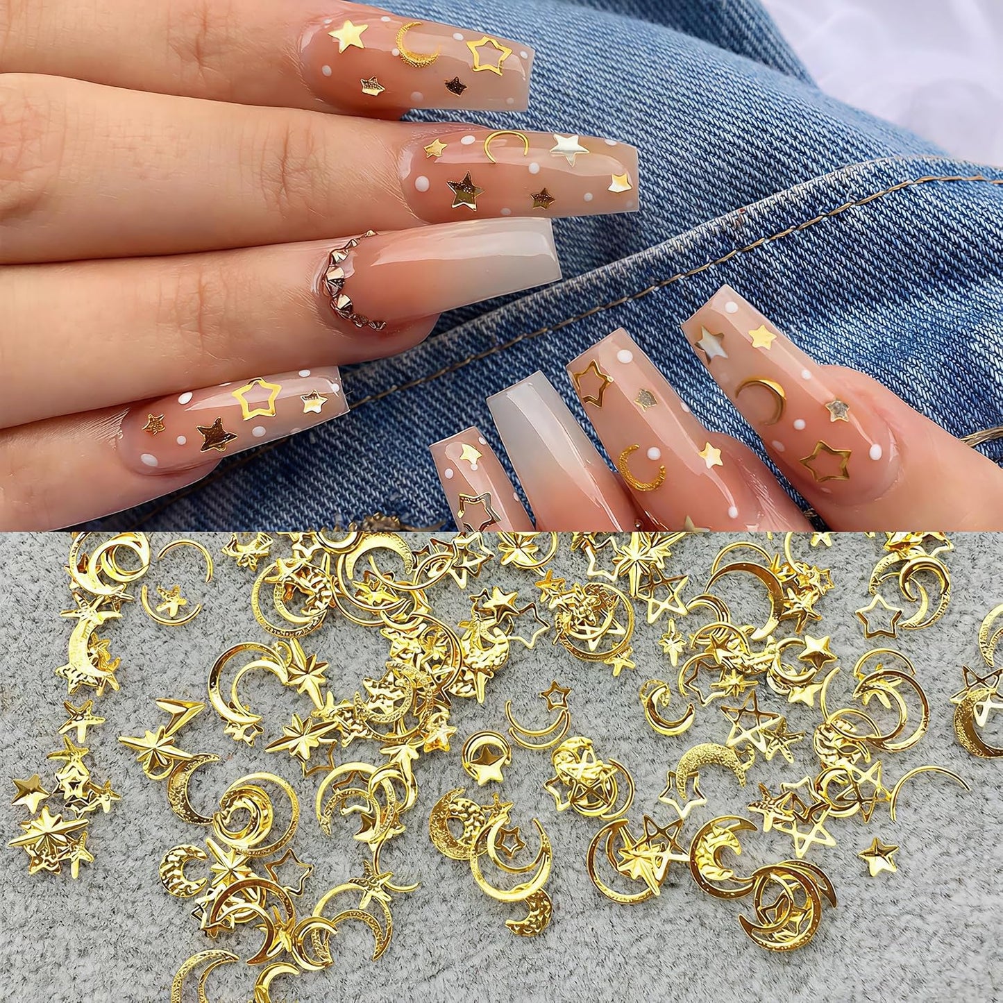 Hollow Moon Star Nail Art Ornaments Glitter Rhinestone Gold Mixed Metal Star Decorations for Women Girls DIY Nail Art Accessories 2 Boxes