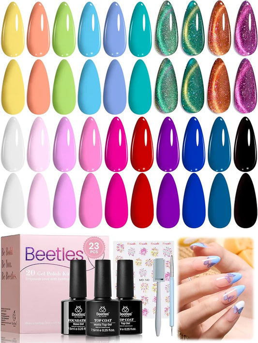 Beetles Gel Nail Polish Set - Magical Kingdom Cat Eye Gel Polish Kit, 20 Colors Bright Pink Blue White Black Green Purple Pastel, Soak Off LED UV with 3Pcs Base Top Coat Holiday Nail Gifts for Women